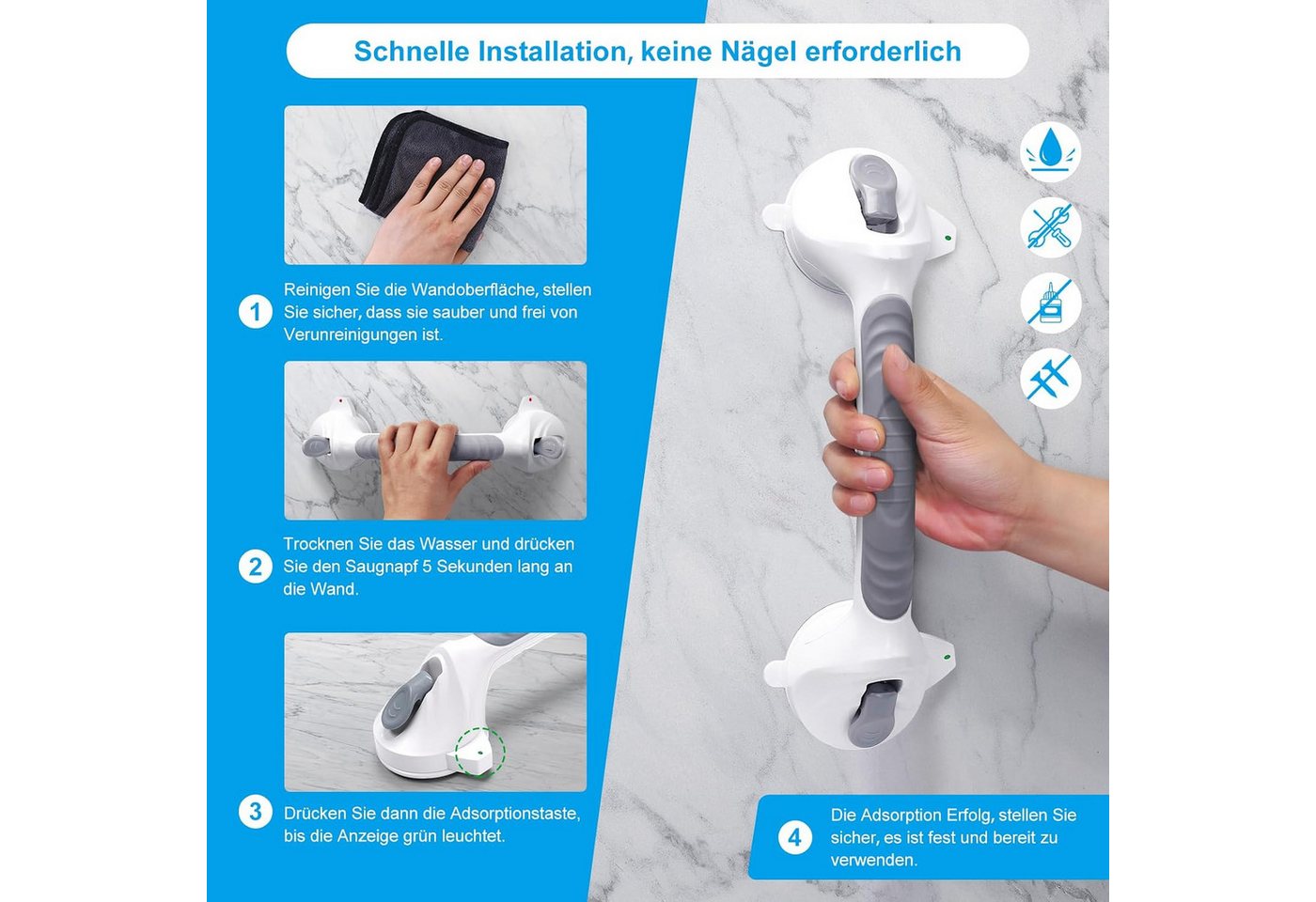 wohnTRAUM24 Haltegriff Dusche Handgriff Mobiler Haltegriff Wannengriff Badewannengriff, Duschgriff mit Saugnapf, Ohne Bohren für Senioren – Bild 4 von 5