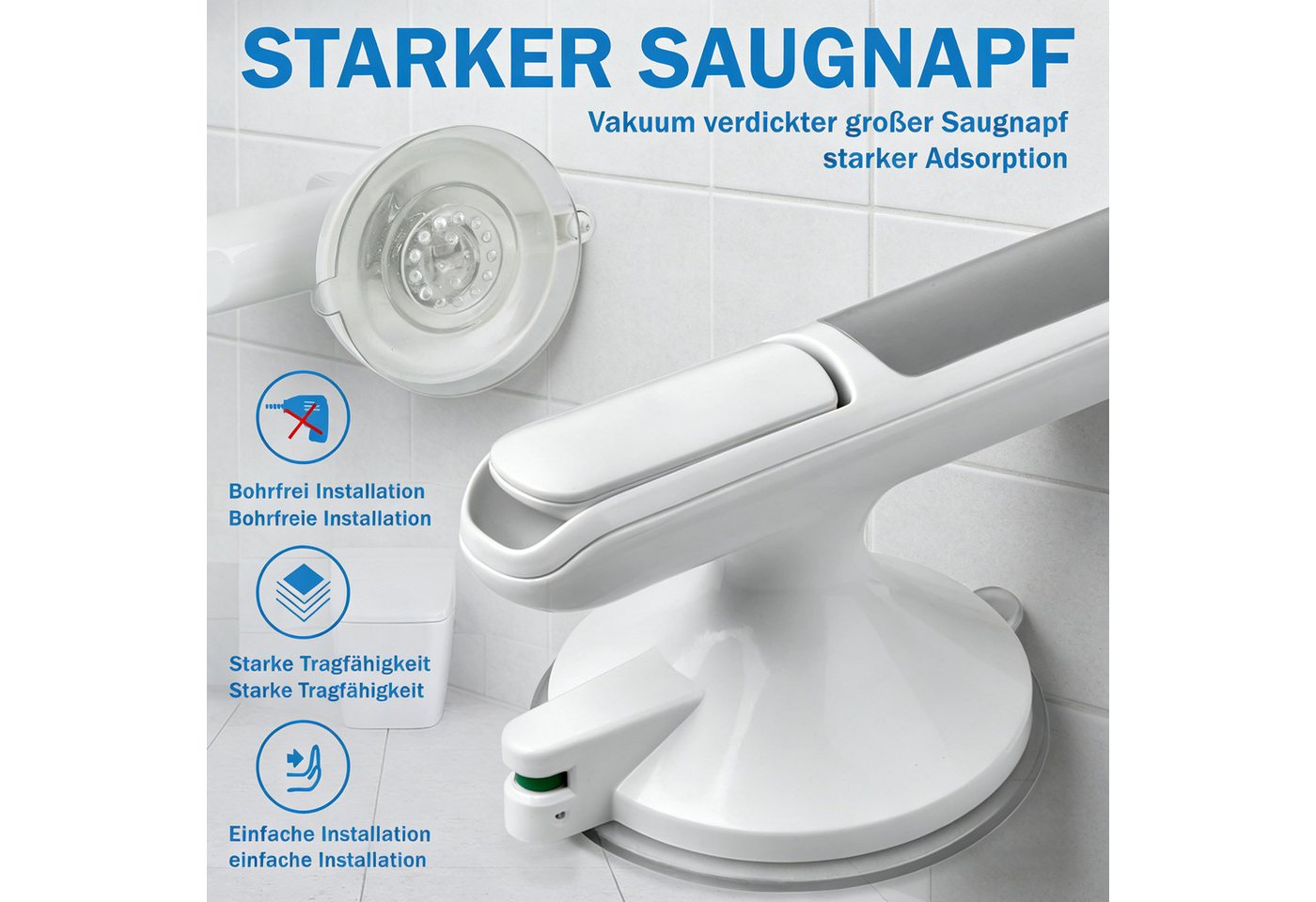 wohnTRAUM24 Haltegriff Dusche Handgriff Mobiler Haltegriff Wannengriff Badewannengriff, Duschgriff mit Saugnapf, Ohne Bohren, 33 x 8 cm – Bild 2 von 5