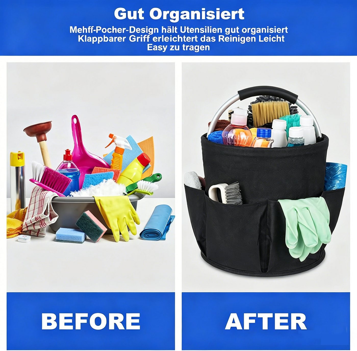 wohnTRAUM24 Organizer Putzmittel Organizer,Faltbarer Putztasche mit Griff und sechs Tasche, Reinigungstasche für Innenbereich,Garten,Badezimmer – Bild 3 von 5