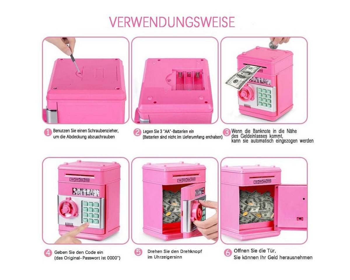 wohnTRAUM24 Spardose Spardose Kinder,Elektronisches Spardose Safe für Kinder Tresor, (Geldbank mit Passwort, Coole Mini-Geldautomaten-Sparschwein, Münzdose, Aut – Bild 3 von 4