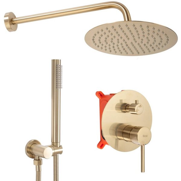 wohnwerk.idee Duschsystem Duschgarnitur Regendusche Unterputz Gold Matt Poliert Lungo