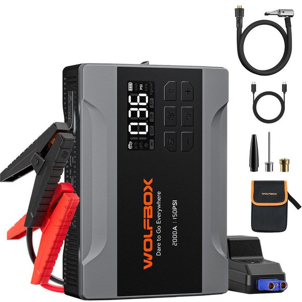 WOLFBOX 2000A Starthilfe mit 160 PSI Luftkompressor Starthilfegerät 10 mAh (12 V, 1 St), 37 Wh/10.000 mAh, LED