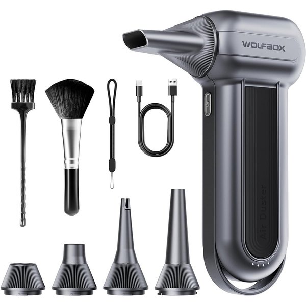 WOLFBOX Akku-Handstaubsauger Electric Air Duster mit drei einstellbaren Geschwindigkeitsstufen, 3-Gang-Staubgebläse, 150000 U/min, mit 5 Düsen und 2 Bürsten