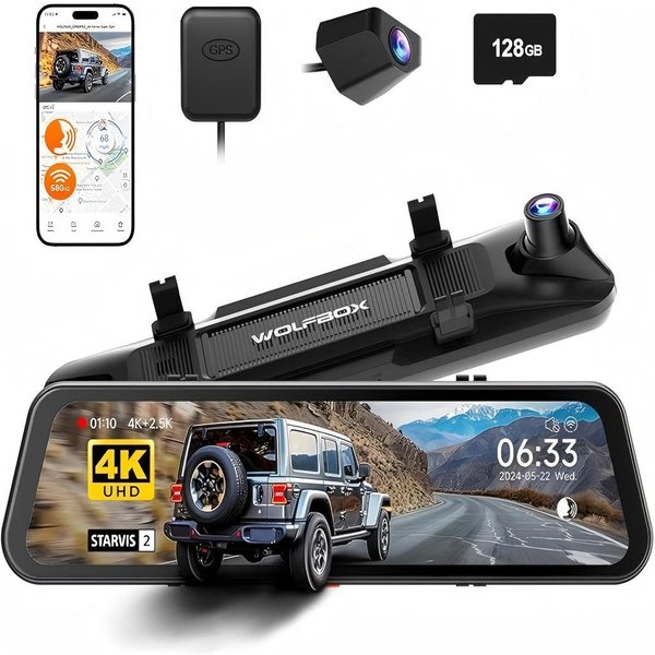 WOLFBOX G900 PRO Spiegel Dashcam mit STARVIS 2 IMX678, G-Sensor & GPS Dashcam (WLAN (Wi-Fi), App-Steuerung, Touchscreen, eingebautes Display, eingebautes WiFi)