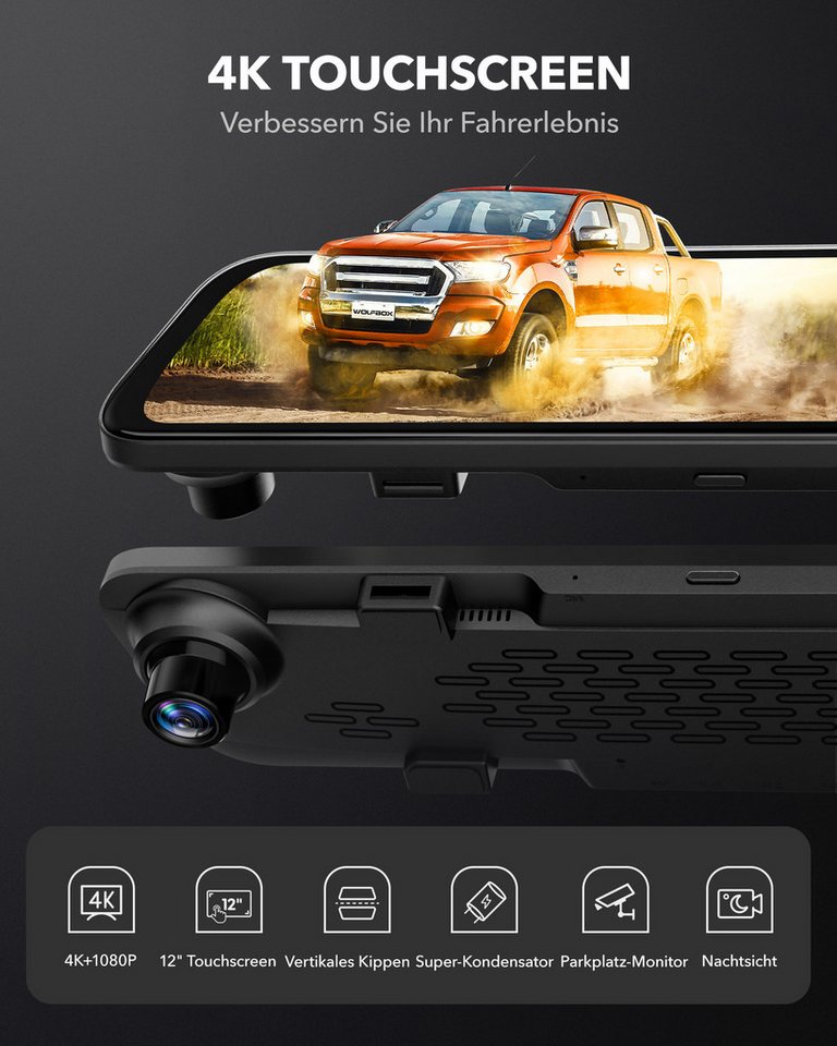 WOLFBOX Super-Nachtsicht Spiegel Dashcam (mit Vertikales Schwenken & Spiegelschwenken, mit 32 GB-Karte, GPS, 24-Stunden-Überwachung) – Bild 2 von 5