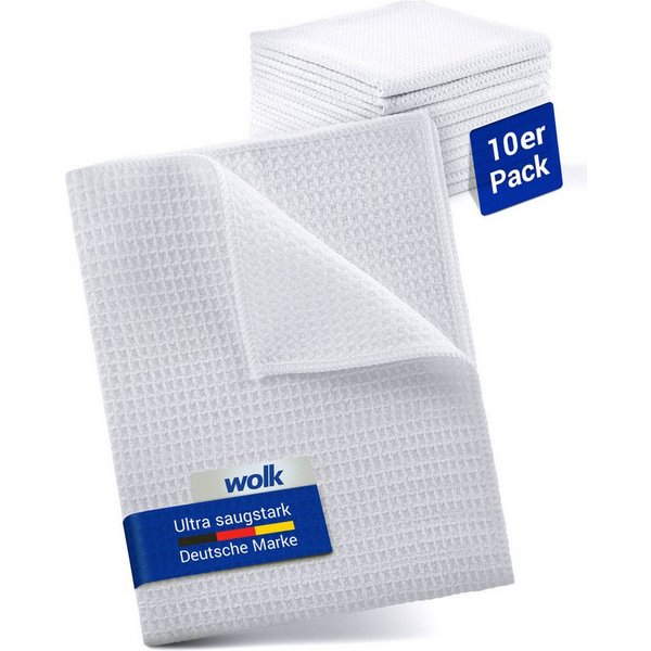 wolk Mikrofasertuch mit Waffelstruktur in weiß - Reinigungstuch (Polyester, 38x38 cm, 10er-Set, hygienisch auf 90° waschbar)