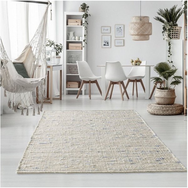 TaraCarpet Wollteppich TaraCarpet Handwebteppich Oslo, rechteckig, Höhe: 10 mm, Schurwolle Handgewebt blau meliert Wohnzimmer Schlafzimmer 090x160 cm