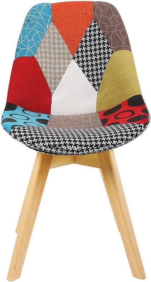 Woltu 4-Fußstuhl (2 St), Patchwork Stühle, Leinen Stoff Holzbeine – Bild 4 von 5