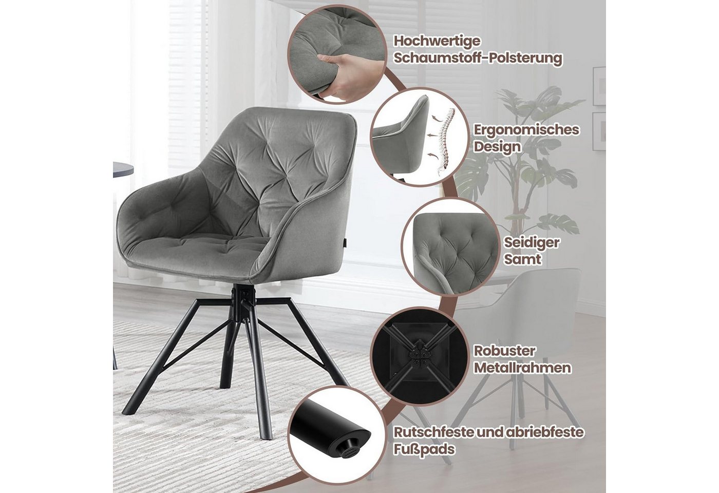 Woltu 4-Fußstuhl (2 St), Esszimmerstuhl drehbar Samt Sessel Küche Wohnzimmer – Bild 5 von 5