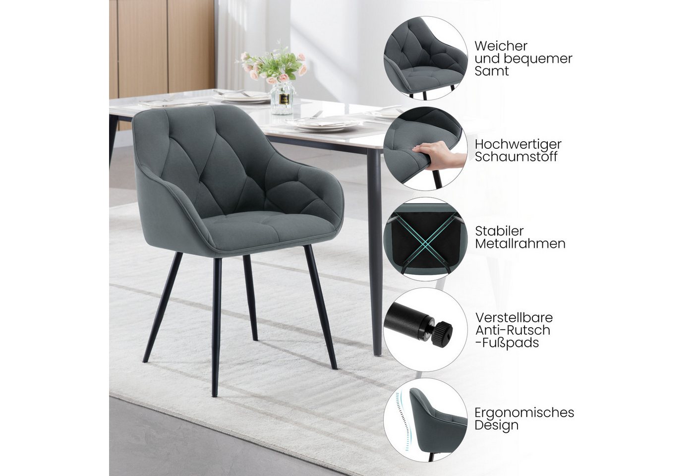 Woltu 4-Fußstuhl (Set, 6 St), Esszimmerstühle ergonomischer aus Samt – Bild 4 von 5