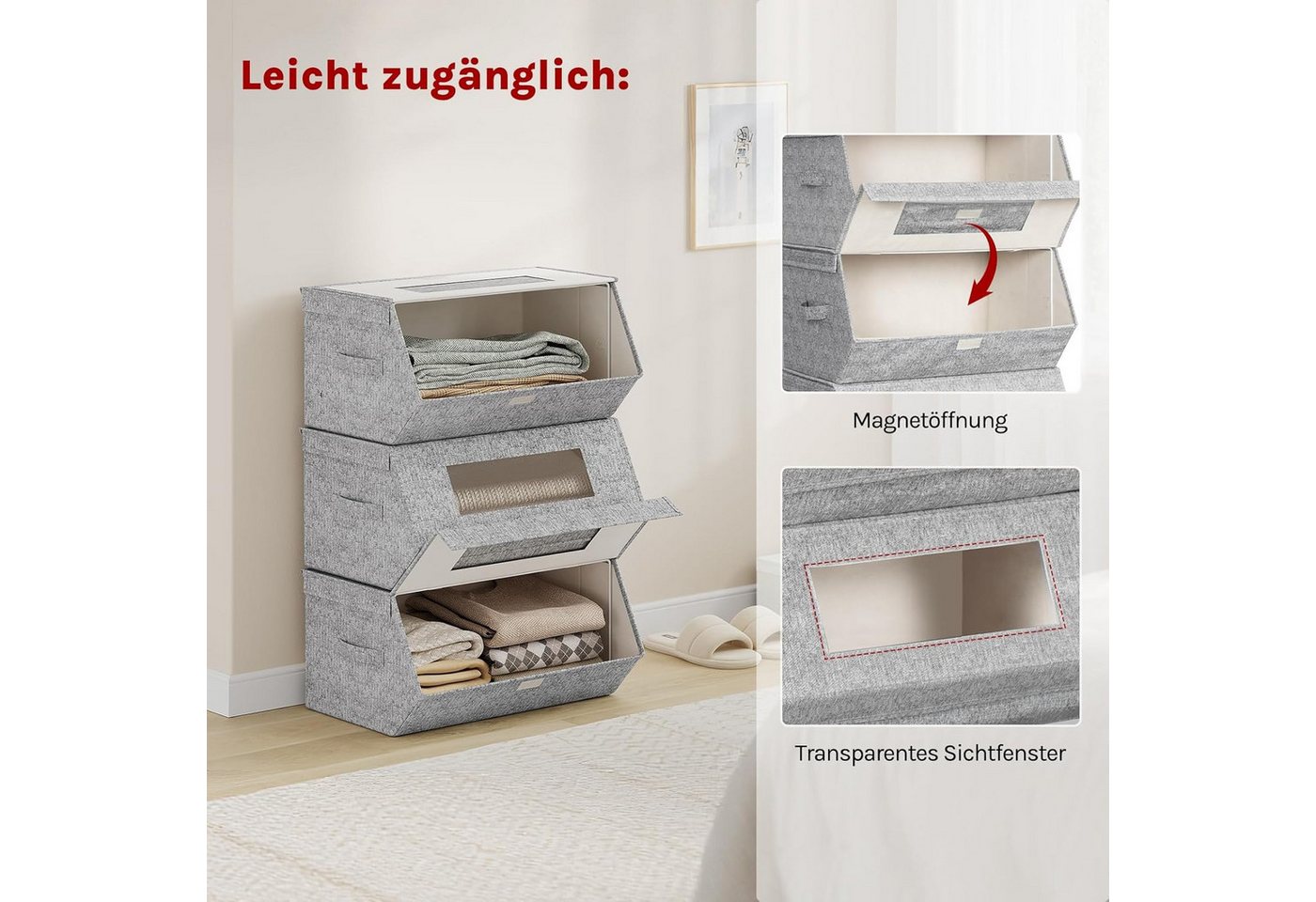 Woltu Aufbewahrungsbox (3 St), 3er Stapelbare Schrank Organizer mit Deckel Magnetverschluss – Bild 4 von 5