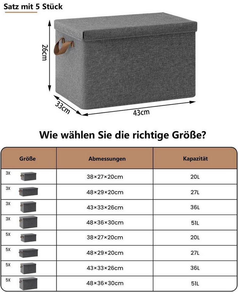 Woltu Aufbewahrungsbox (3 St., Set), mit Deckel, mit Griffen, faltbare Box für Kleidung Spielzeug – Bild 3 von 5
