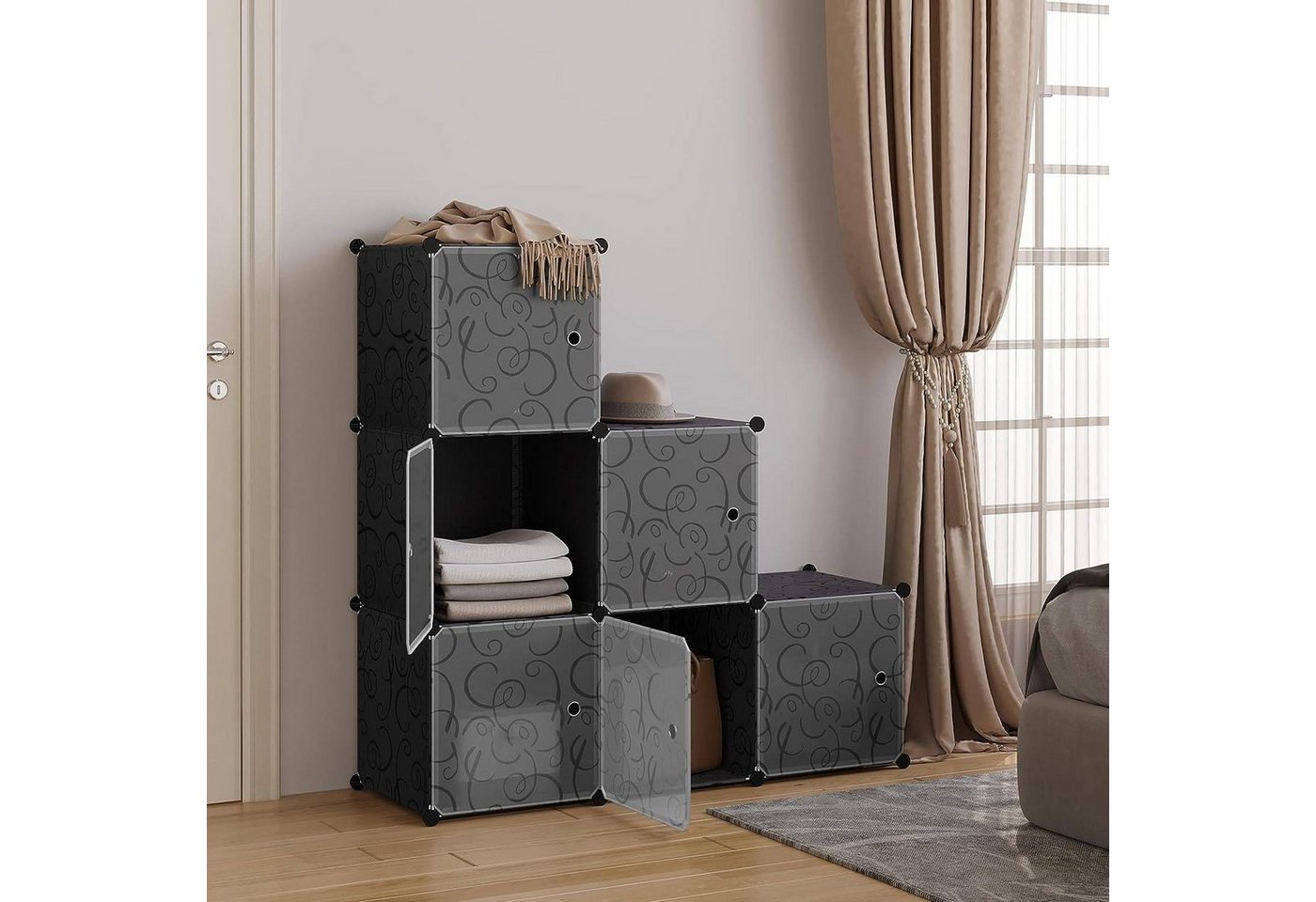 Woltu Aufbewahrungsbox (6 St), DIY Regalsystem mit Tür, Kunststoff schwarz – Bild 4 von 5