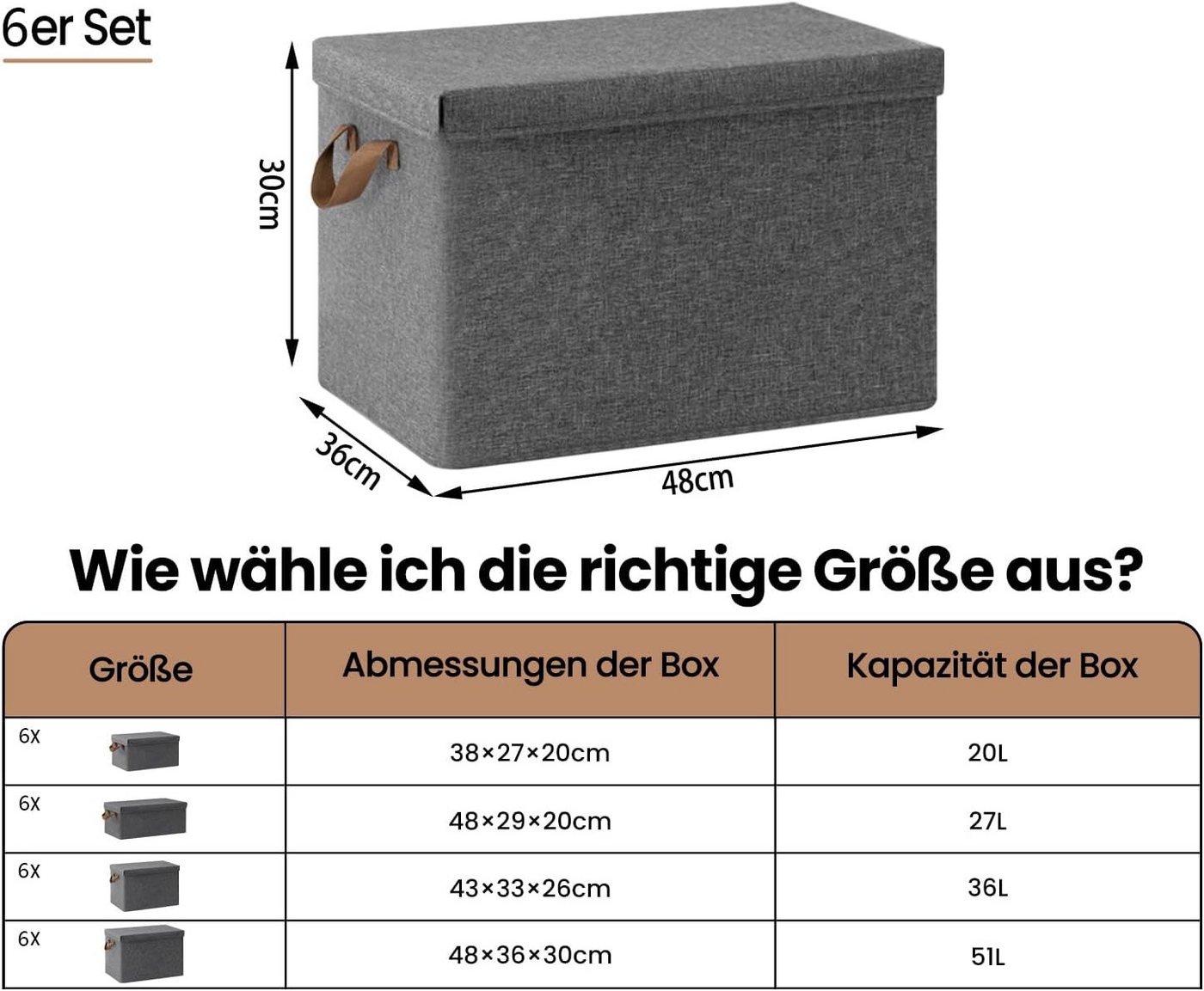 Woltu Aufbewahrungsbox (6 St., Set), mit Deckel, mit Griffen, faltbare Box für Kleidung Spielzeug – Bild 3 von 5