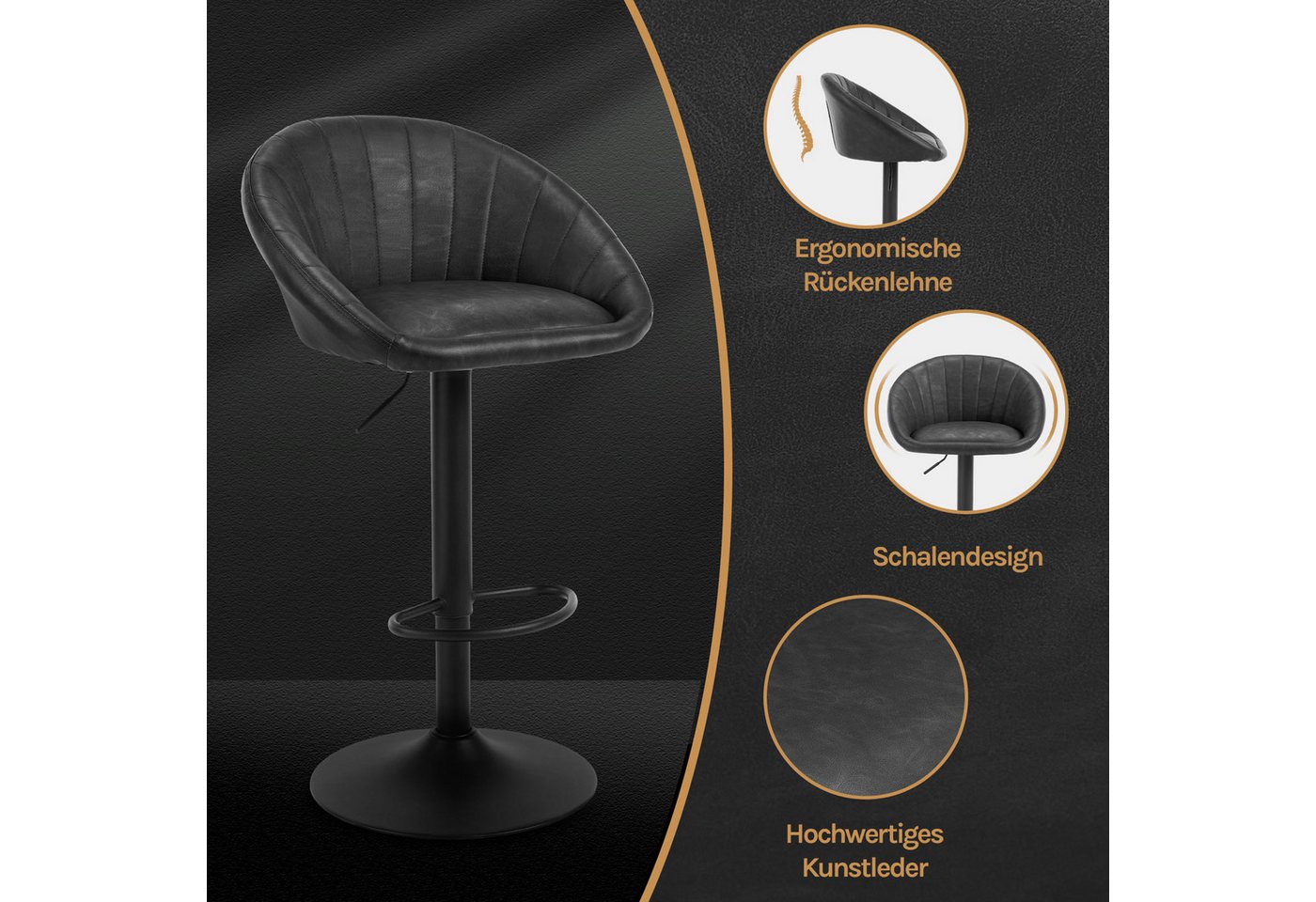 Woltu Barhocker (1 St), küchenhocker höhenverstellbar, Ergonomischer Stuhl, Kunstleder – Bild 4 von 5