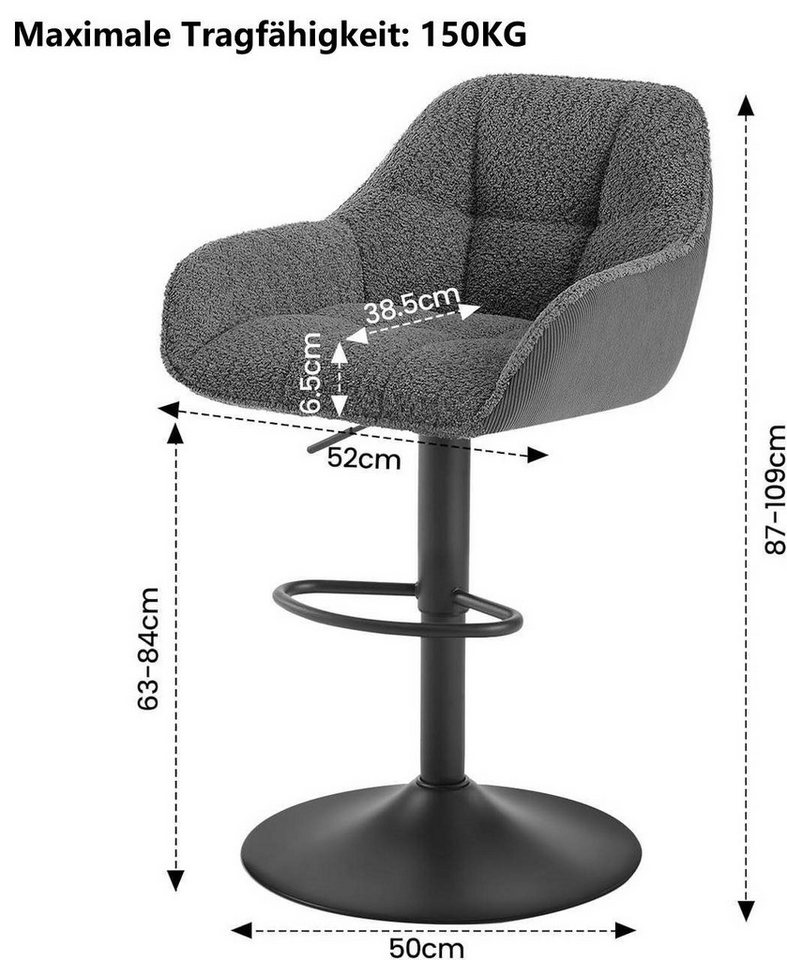 Woltu Barhocker (1 St), höhenverstellbar drehbar, Chenille Cord Metall – Bild 3 von 5