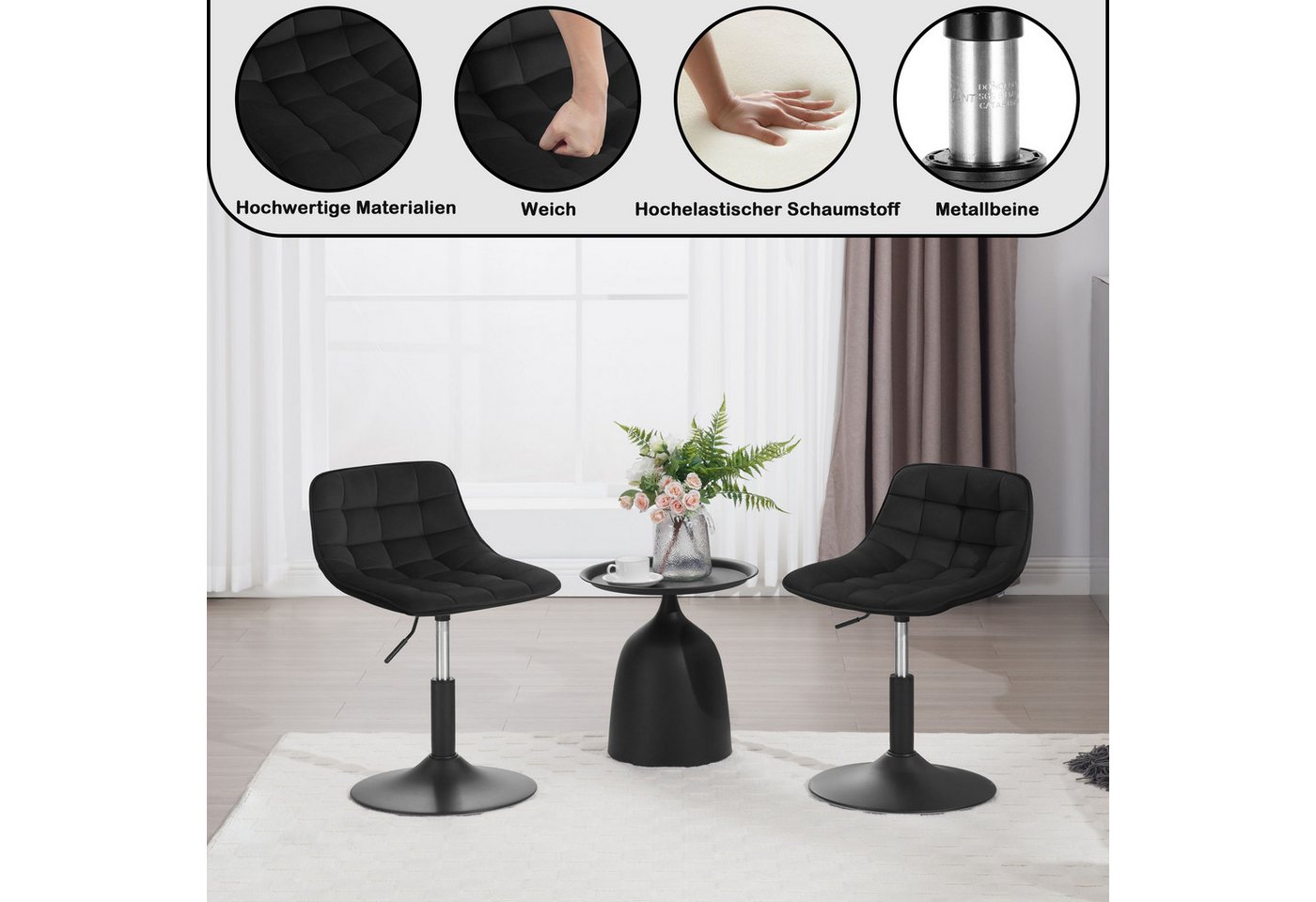 Woltu Barhocker (1 St), Schminkhocker 360° Schwenken Samt Sitz 38-49.5cm Hoch schwarz – Bild 5 von 5