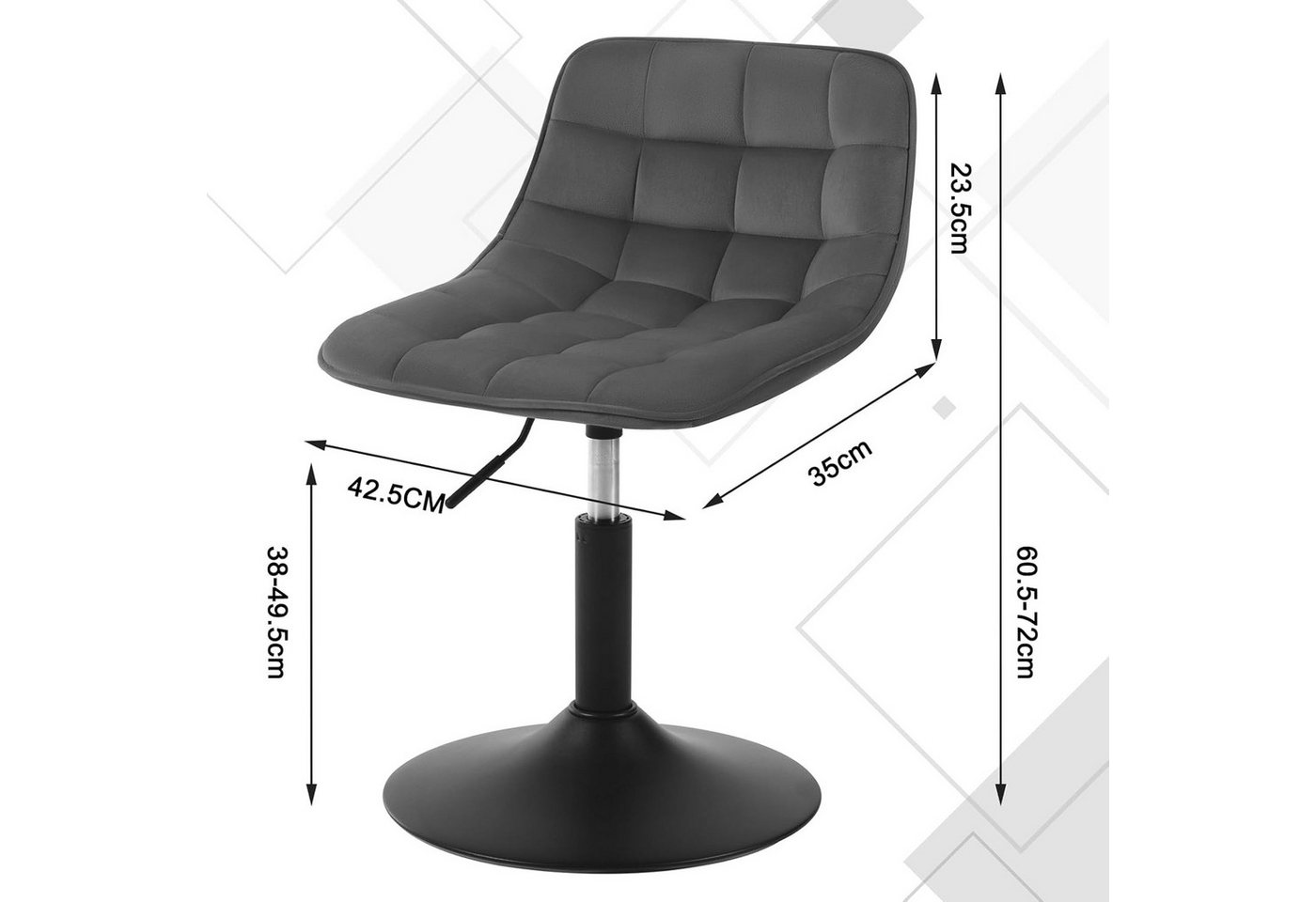 Woltu Barhocker (1 St), Schminkhocker 360° Schwenken Samt Sitz 38-49.5cm Hoch dunkelgrau – Bild 3 von 5