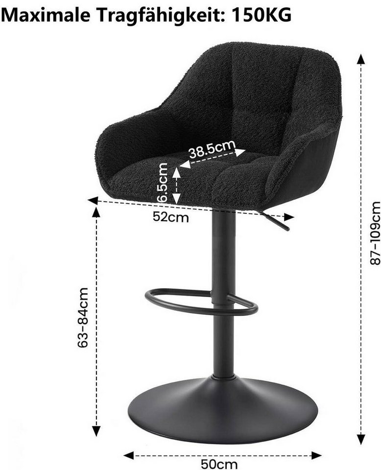 Woltu Barhocker (1 St), höhenverstellbar drehbar, Chenille Cord Metall – Bild 3 von 5