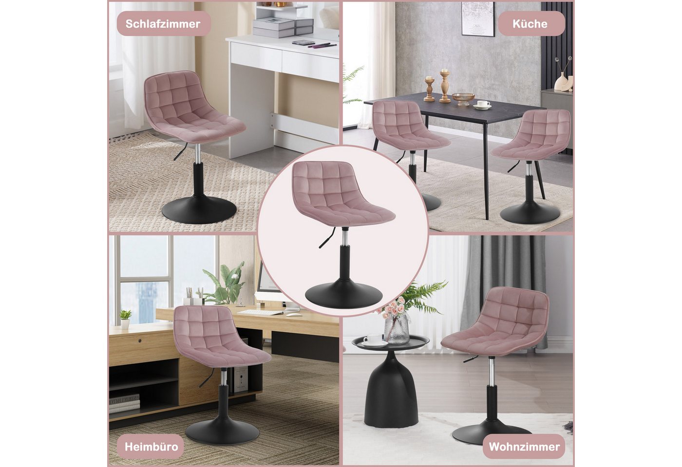Woltu Barhocker (1 St), Schminkhocker 360° Schwenken Samt Sitz 38-49.5cm Hoch rosa – Bild 5 von 5