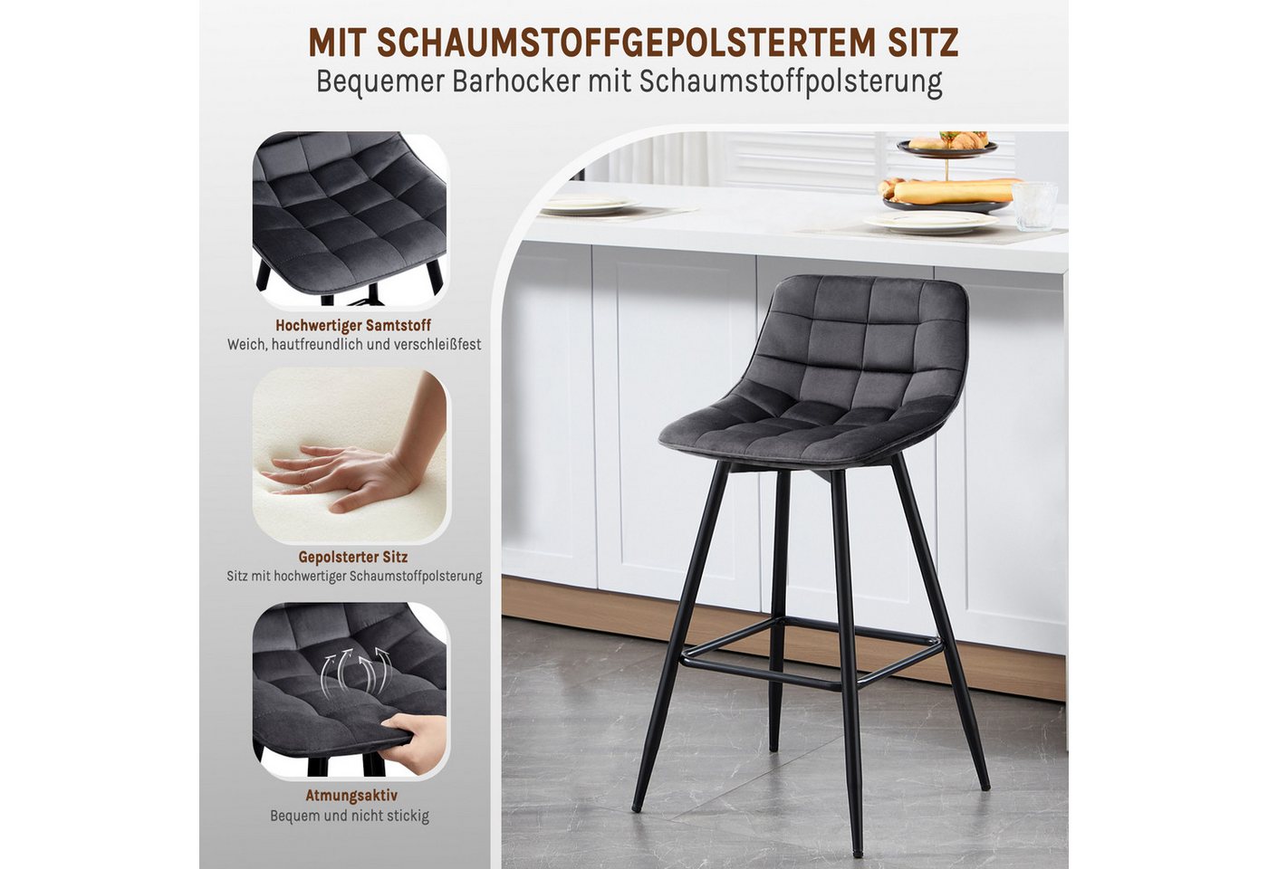Woltu Barhocker (2 St), Barstuhl mit Rückenlehne und Fußstütze Samt Metall – Bild 4 von 5