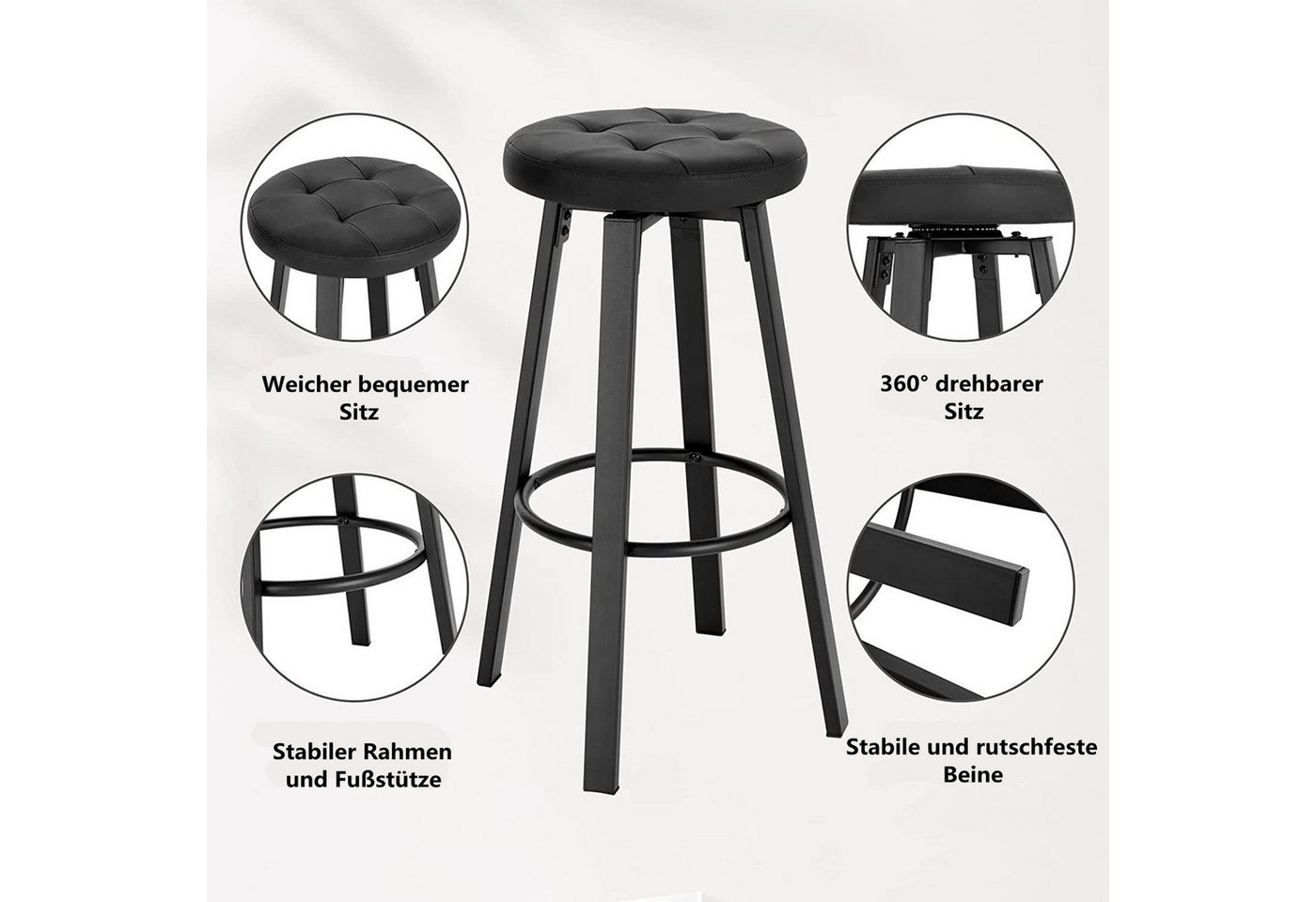 Woltu Barhocker (2 St), mit drehbarem Sitz Φ 35,5 cm, gepolsterer Hocker – Bild 4 von 5