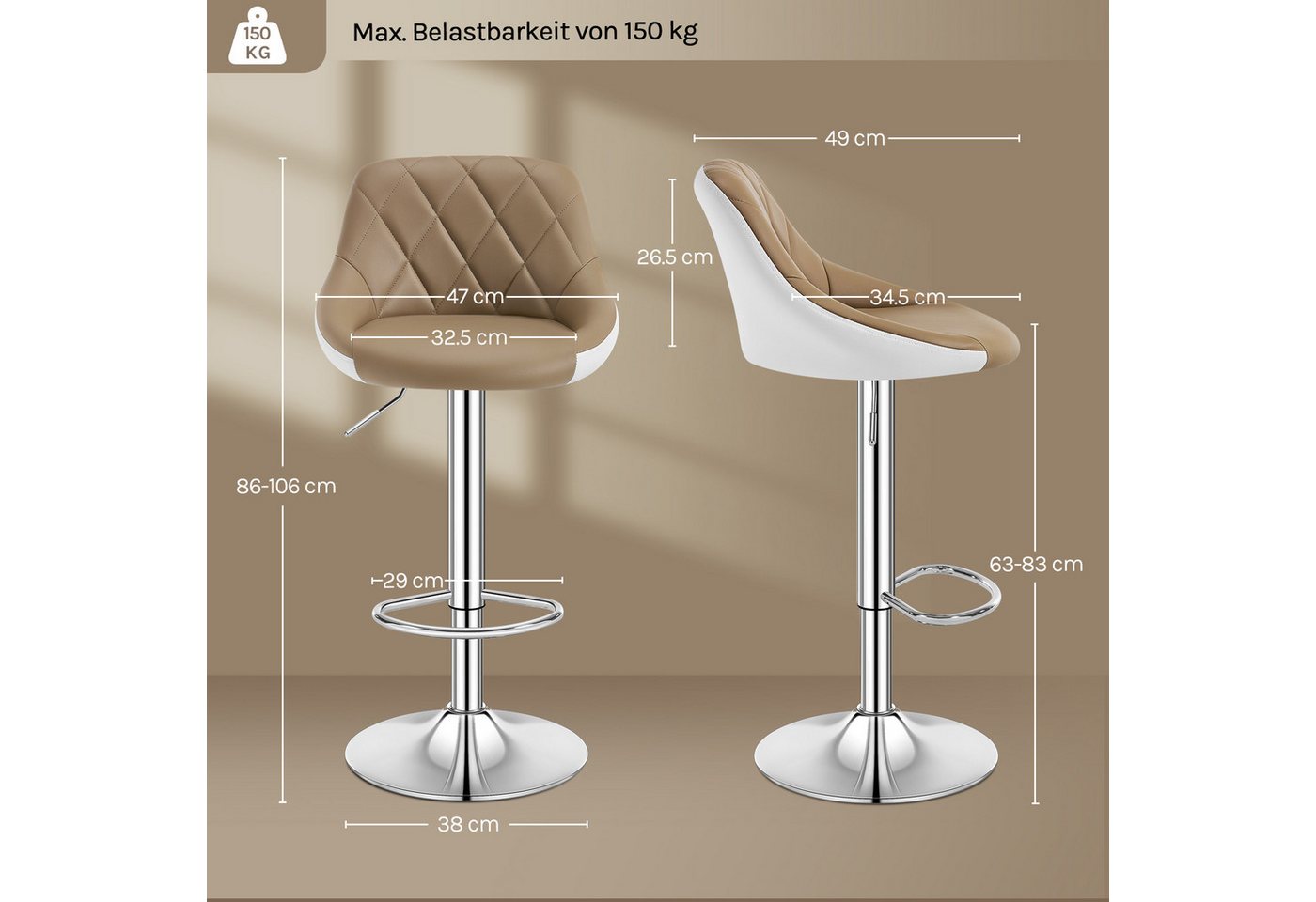 Woltu Barhocker (2 St), höhenverstellbar, drehbar, aus Kunstleder, verchromtem Stahl – Bild 3 von 5