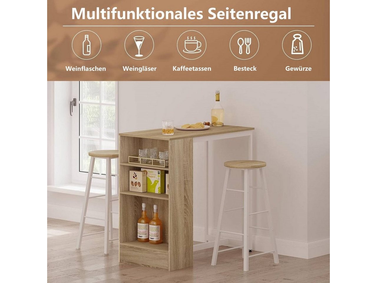 Woltu Bartisch (1-St), mit 3 Regalfächern, aus Holzwerkstoff 91x49x91 cm – Bild 4 von 5