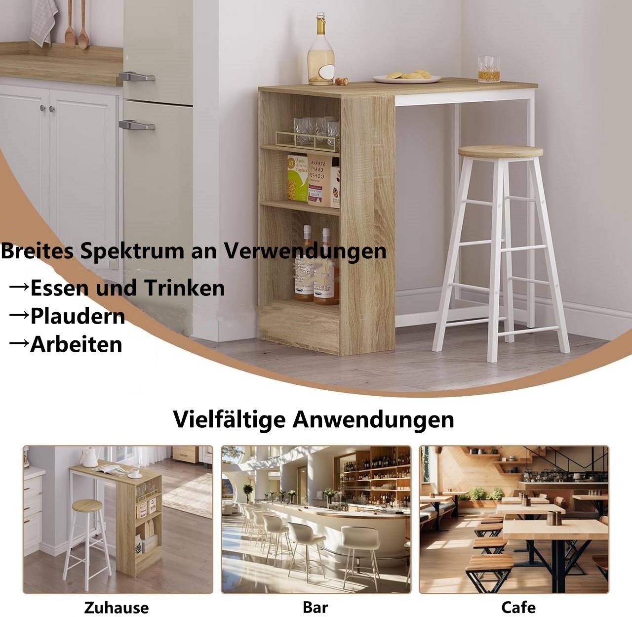 Woltu Bartisch (1-St), mit 3 Regalfächern, aus Holzwerkstoff 91x49x91 cm – Bild 5 von 5