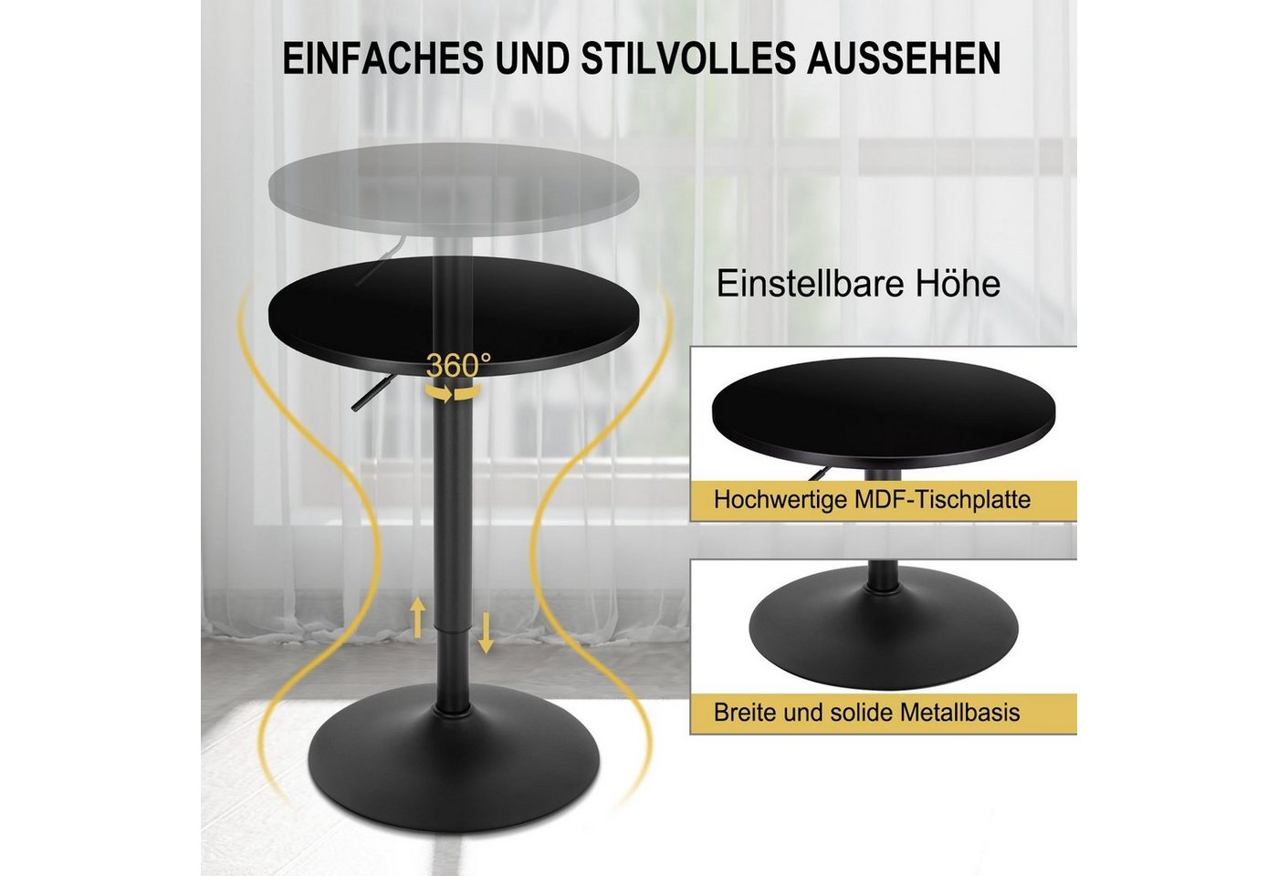 Woltu Bartisch (1-St), runde höhenverstellbare Tischplatte, aus MDF Metall – Bild 5 von 5