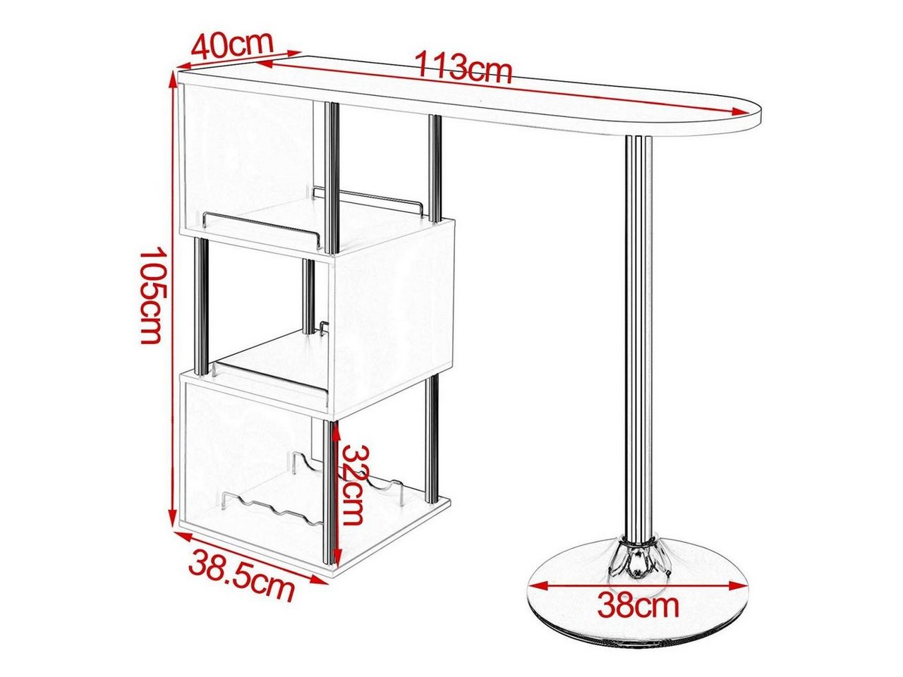 Woltu Bartisch (1-St), Bistrotisch mit 3 Ablagefläche, aus Metall, MDF – Bild 5 von 5