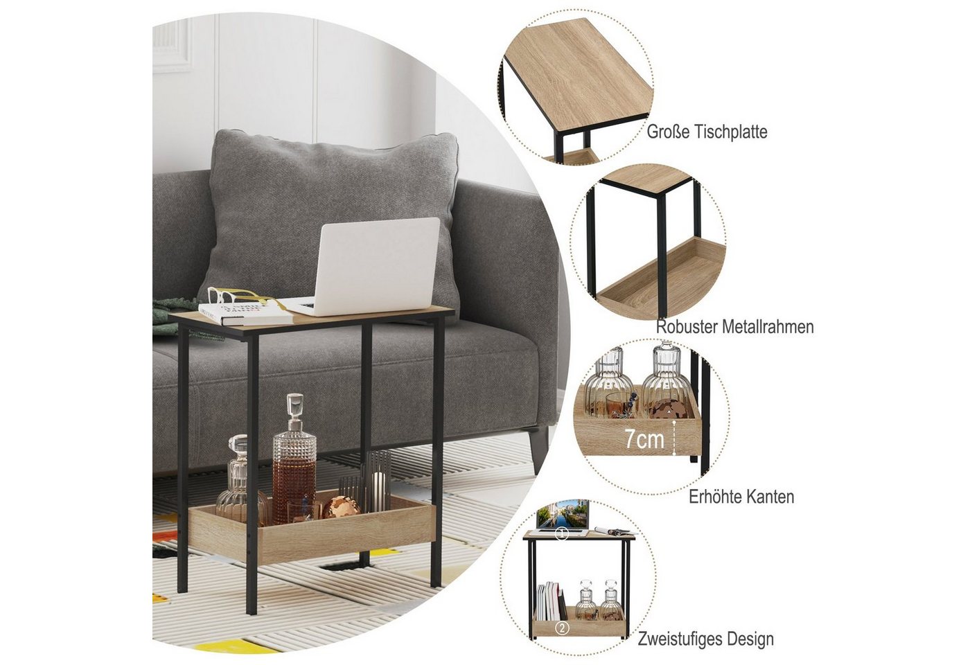Woltu Beistelltisch (1-St), mit 2 Ablagen, Couchtisch mit Stauraum 50x55x25cm – Bild 5 von 5