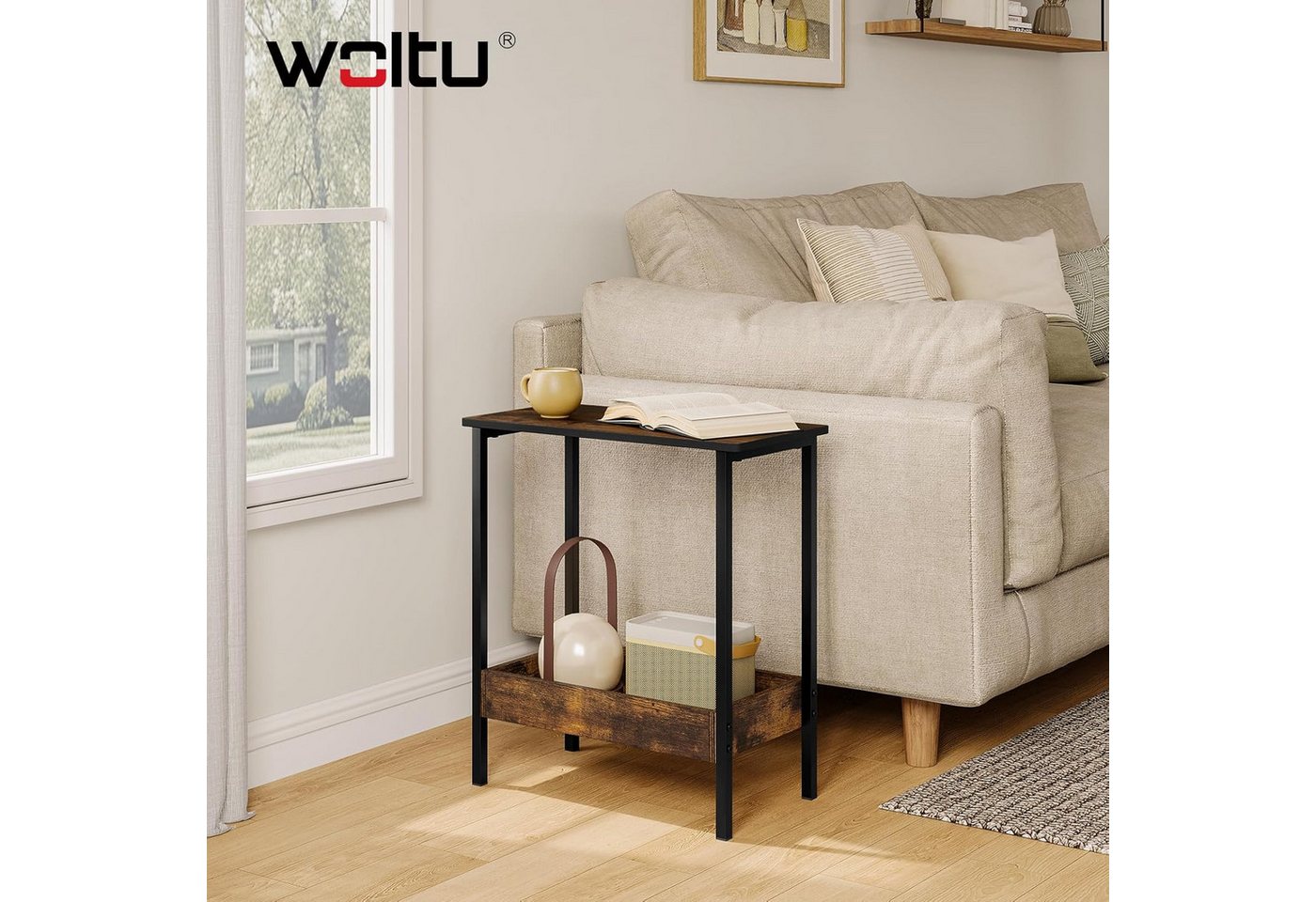 Woltu Beistelltisch (1-St), mit 2 Ablagen, Couchtisch mit Stauraum 50x55x25cm – Bild 4 von 5