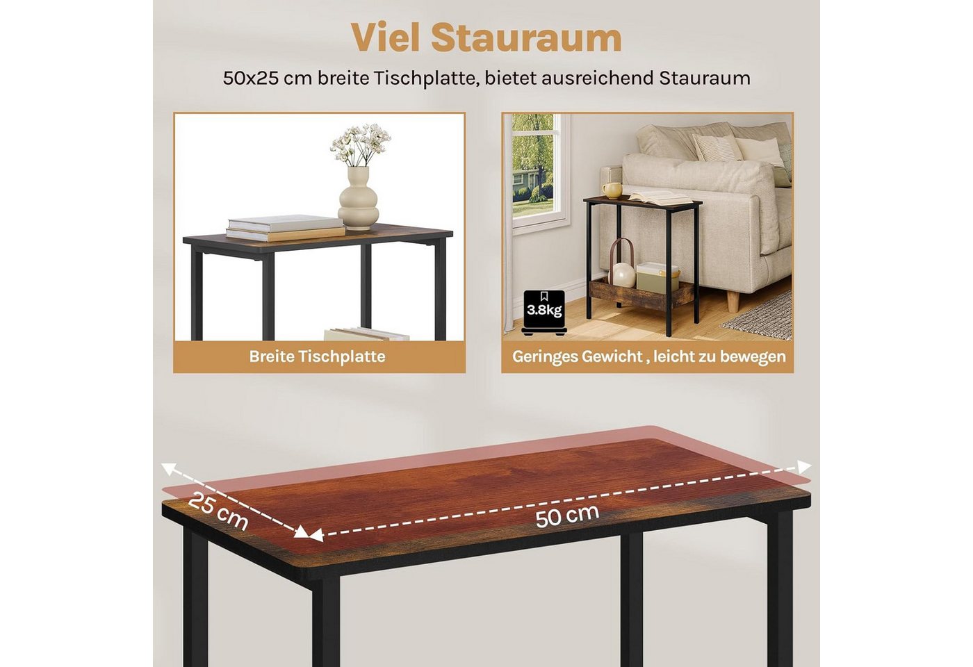 Woltu Beistelltisch (1-St), mit 2 Ablagen, Couchtisch mit Stauraum 50x55x25cm – Bild 5 von 5