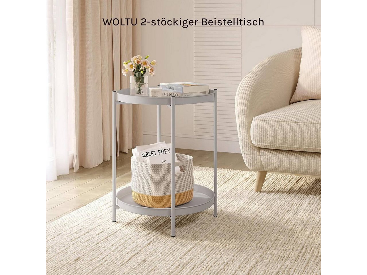 Woltu Beistelltisch (1-St), mit Stauraum, 2 abnehmbare Tabletts, rund, aus Metall – Bild 4 von 5