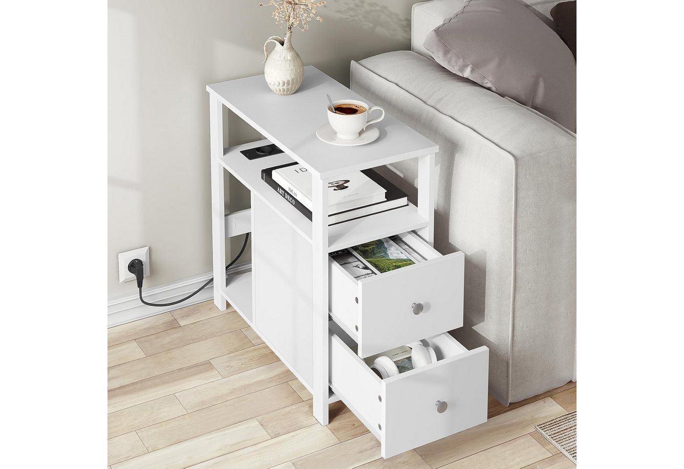 Woltu Beistelltisch, Nachttisch mit ladestation, 60x60x30 cm, Holzwerkstoff – Bild 2 von 5