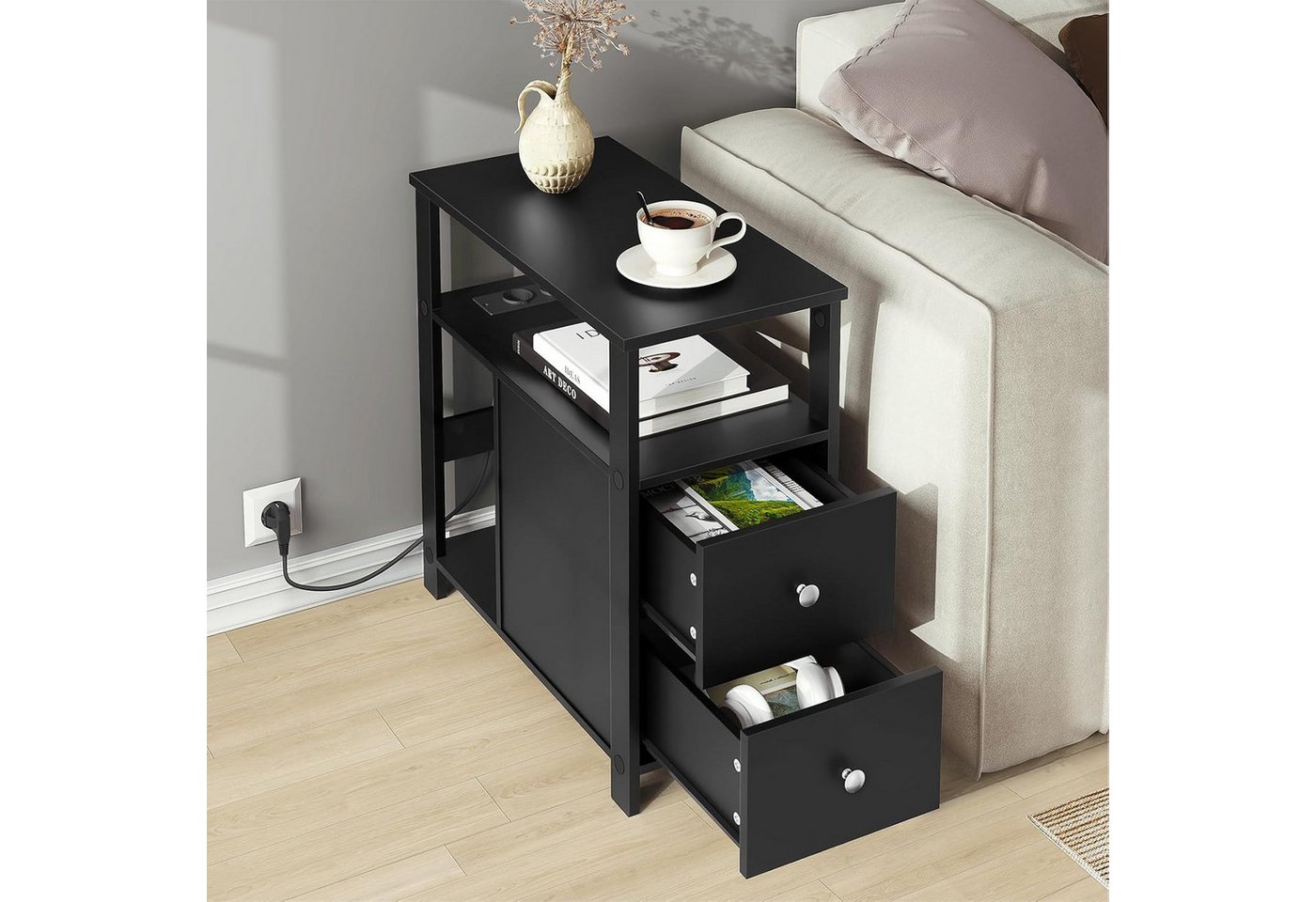 Woltu Beistelltisch, Nachttisch mit ladestation, 60x60x30 cm, Holzwerkstoff – Bild 2 von 5