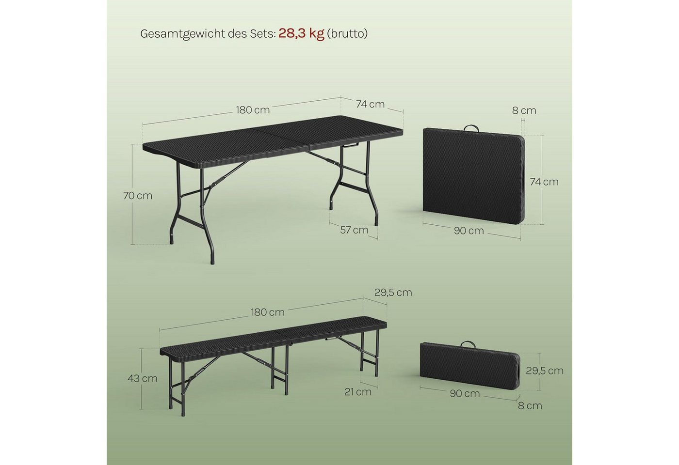 Woltu Bierzeltgarnitur, (3), Campingtisch & 2 Bierbank mit Tragegriffe klappbar – Bild 2 von 5