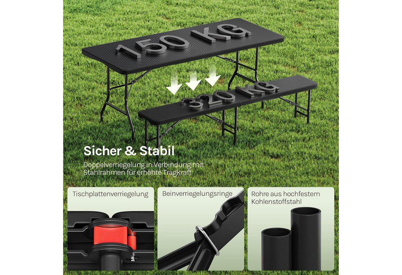 Woltu Bierzeltgarnitur, (3), Campingtisch & 2 Bierbank mit Tragegriffe klappbar – Bild 4 von 5