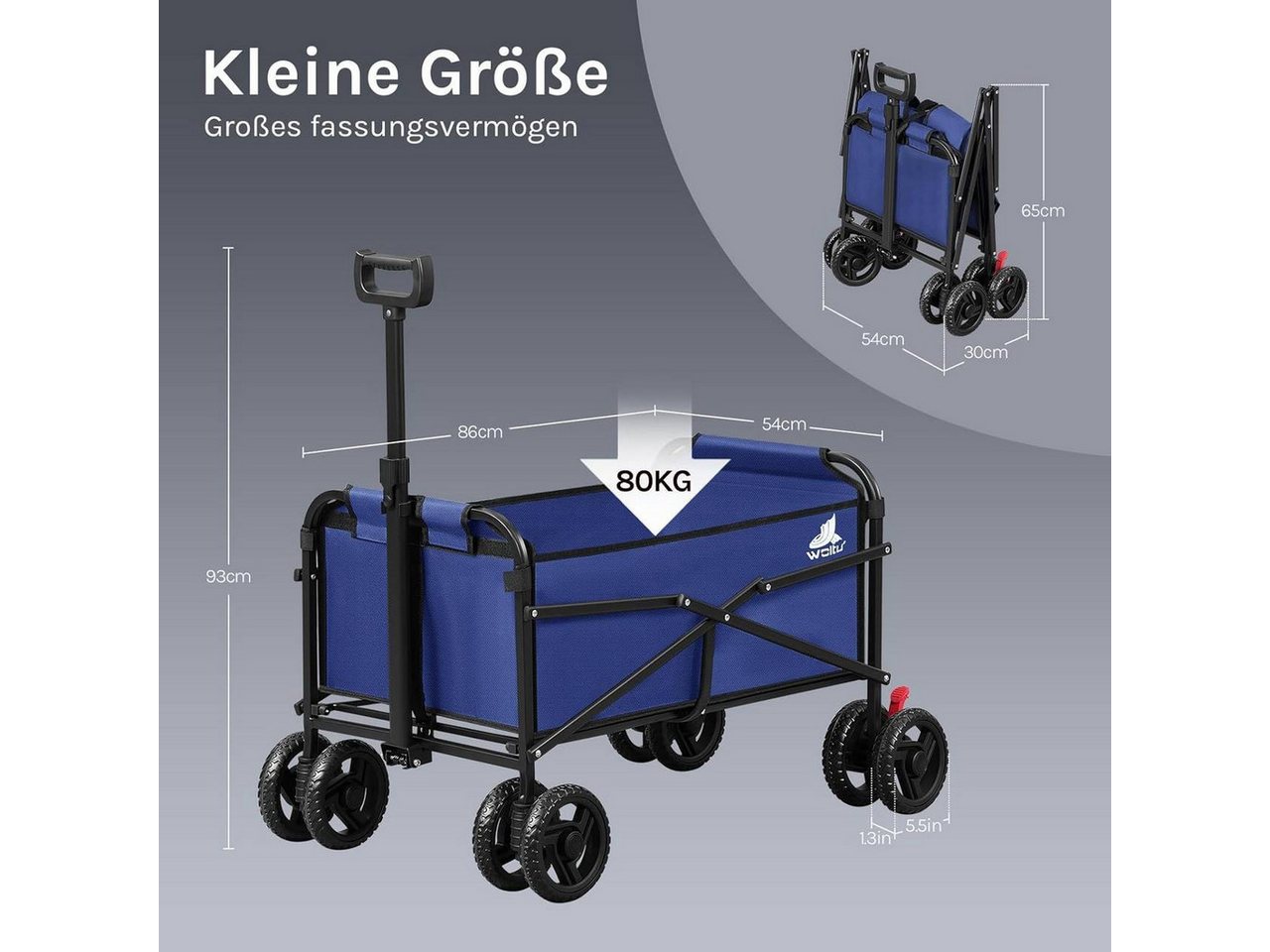 Woltu Bollerwagen (1-tlg), faltbar, mit Bremsen Doppelrädern, 80 kg belastbar – Bild 3 von 5