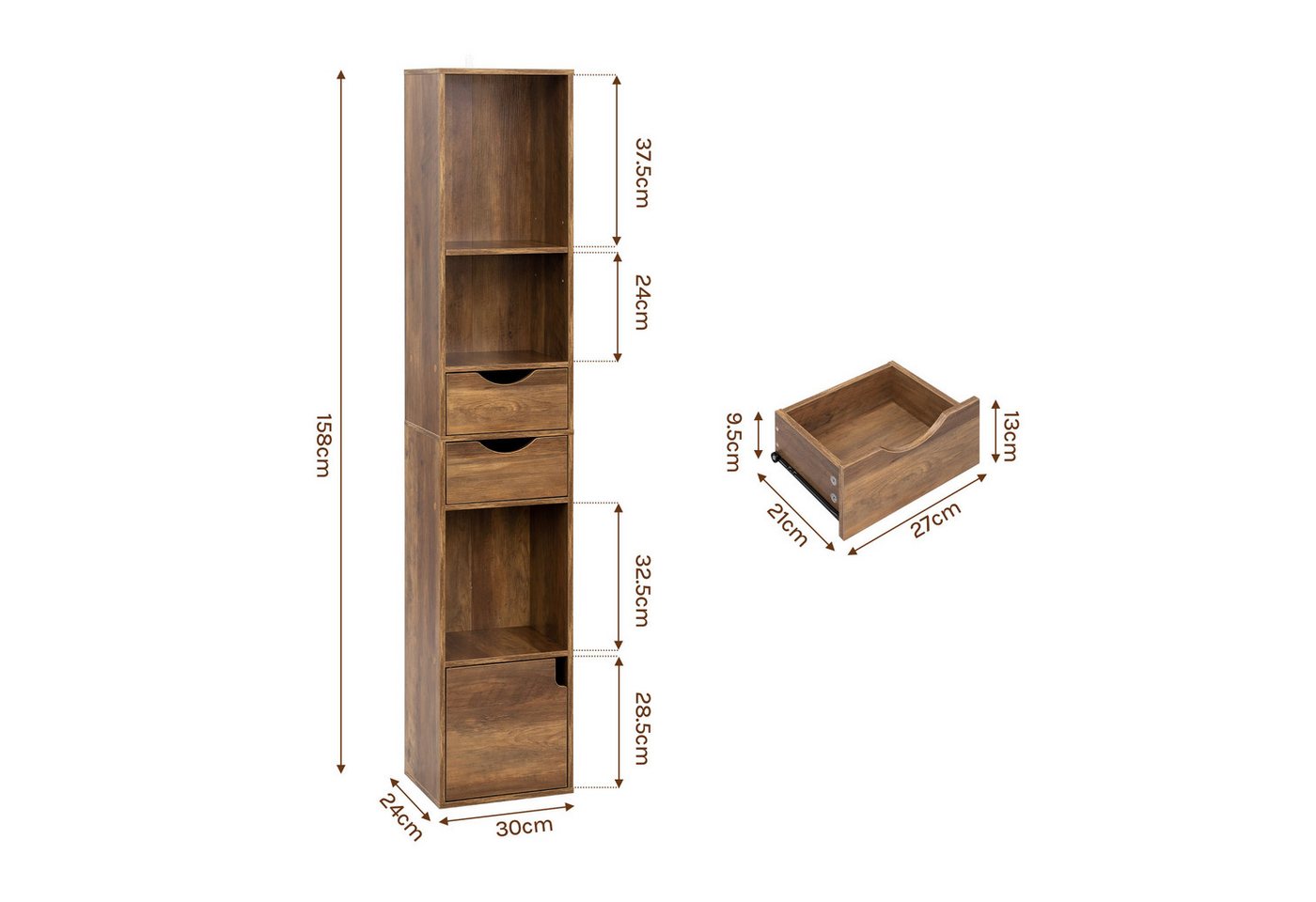 Woltu Bücherregal, 1-tlg., Standregal mit Schubladen, Regal mit Tür, 30 x 158 x 24 cm – Bild 3 von 5