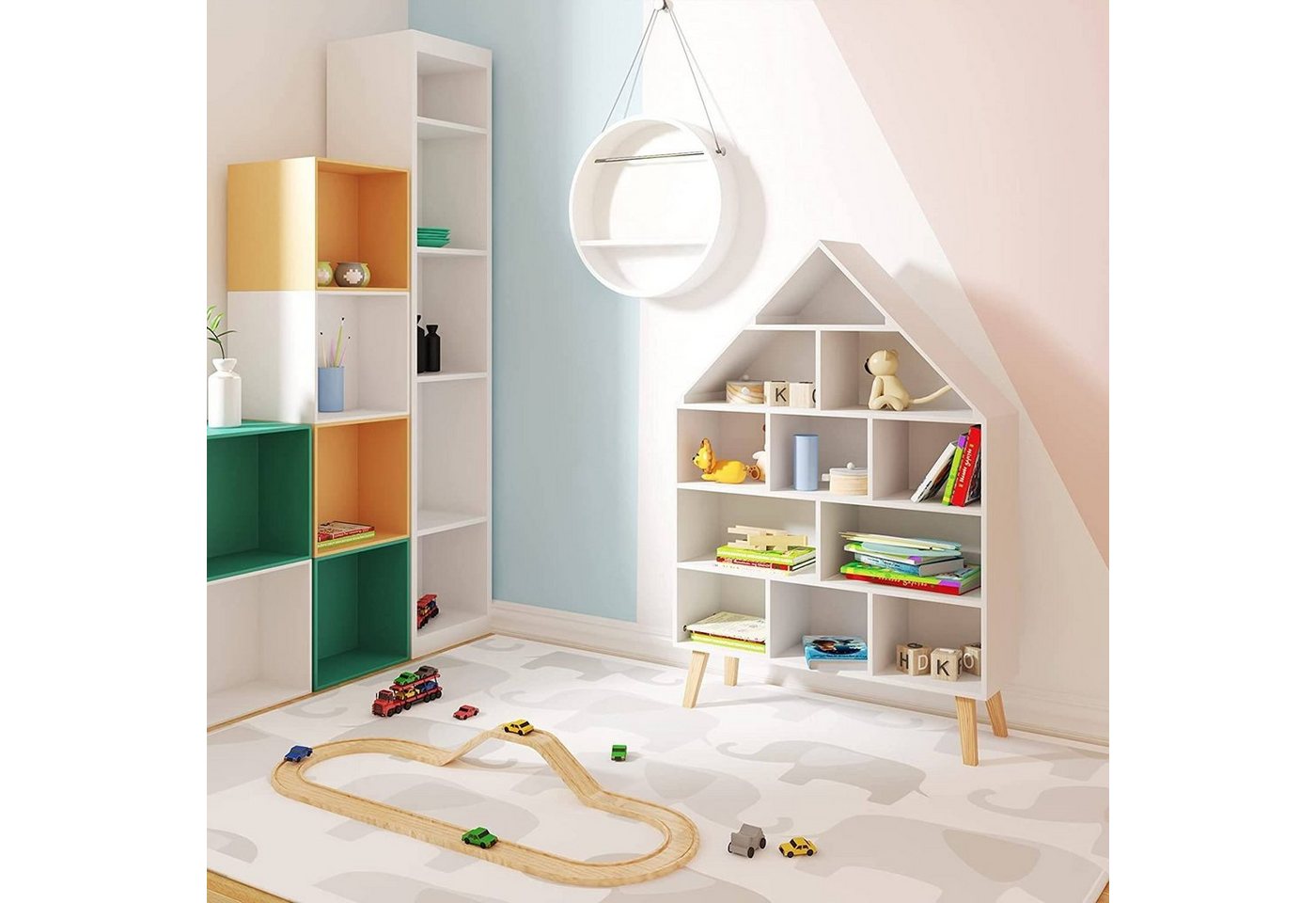 Woltu Bücherregal, 1-tlg., Standregal Hausform Kinderregal mit 5 Ebenen, Weiß – Bild 2 von 5