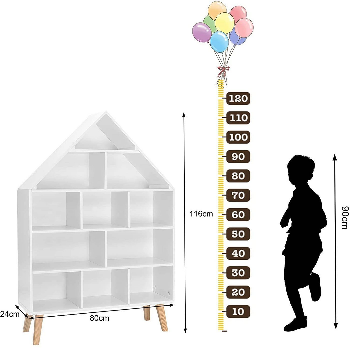 Woltu Bücherregal, 1-tlg., Standregal Hausform Kinderregal mit 5 Ebenen, Weiß – Bild 3 von 5