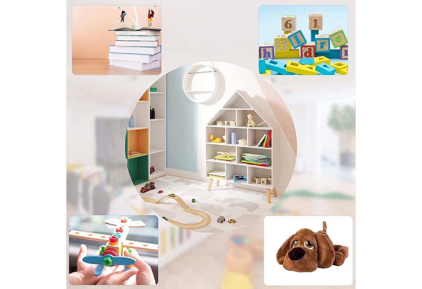 Woltu Bücherregal, 1-tlg., Standregal Hausform Kinderregal mit 5 Ebenen, Weiß – Bild 4 von 5