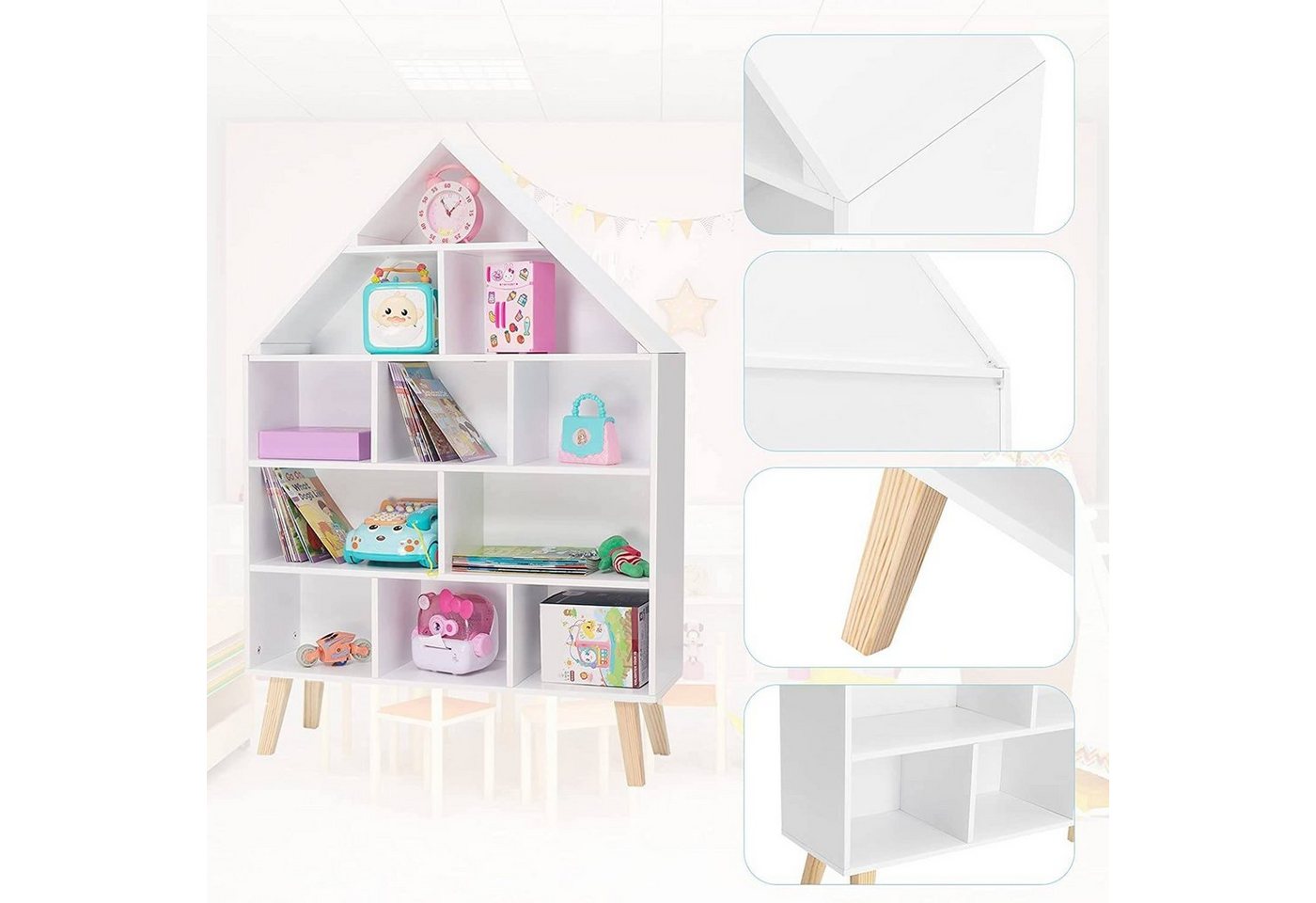 Woltu Bücherregal, 1-tlg., Standregal Hausform Kinderregal mit 5 Ebenen, Weiß – Bild 5 von 5