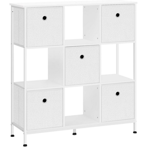 Woltu Bücherregal, mit 4 offenen Fächern, 5 Vliesstoff-Schubladen, Standregal 90x30x100cm