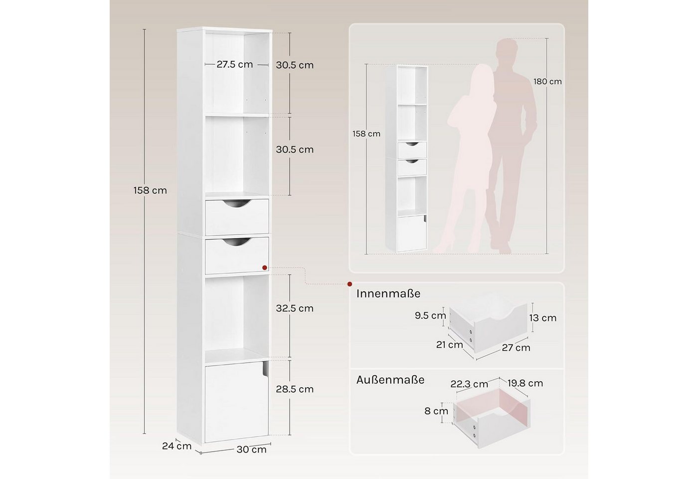 Woltu Bücherregal, 1-tlg., mit Schubladen, Regal mit Tür, 30x158x24 cm – Bild 3 von 5