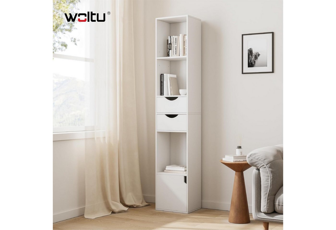 Woltu Bücherregal, 1-tlg., mit Schubladen, Regal mit Tür, 30x158x24 cm – Bild 4 von 5