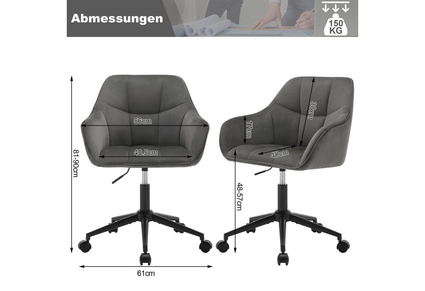 Woltu Bürostuhl (1 St), Homeoffice Stuhl, höhenverstellbar, Samtsitz – Bild 3 von 5