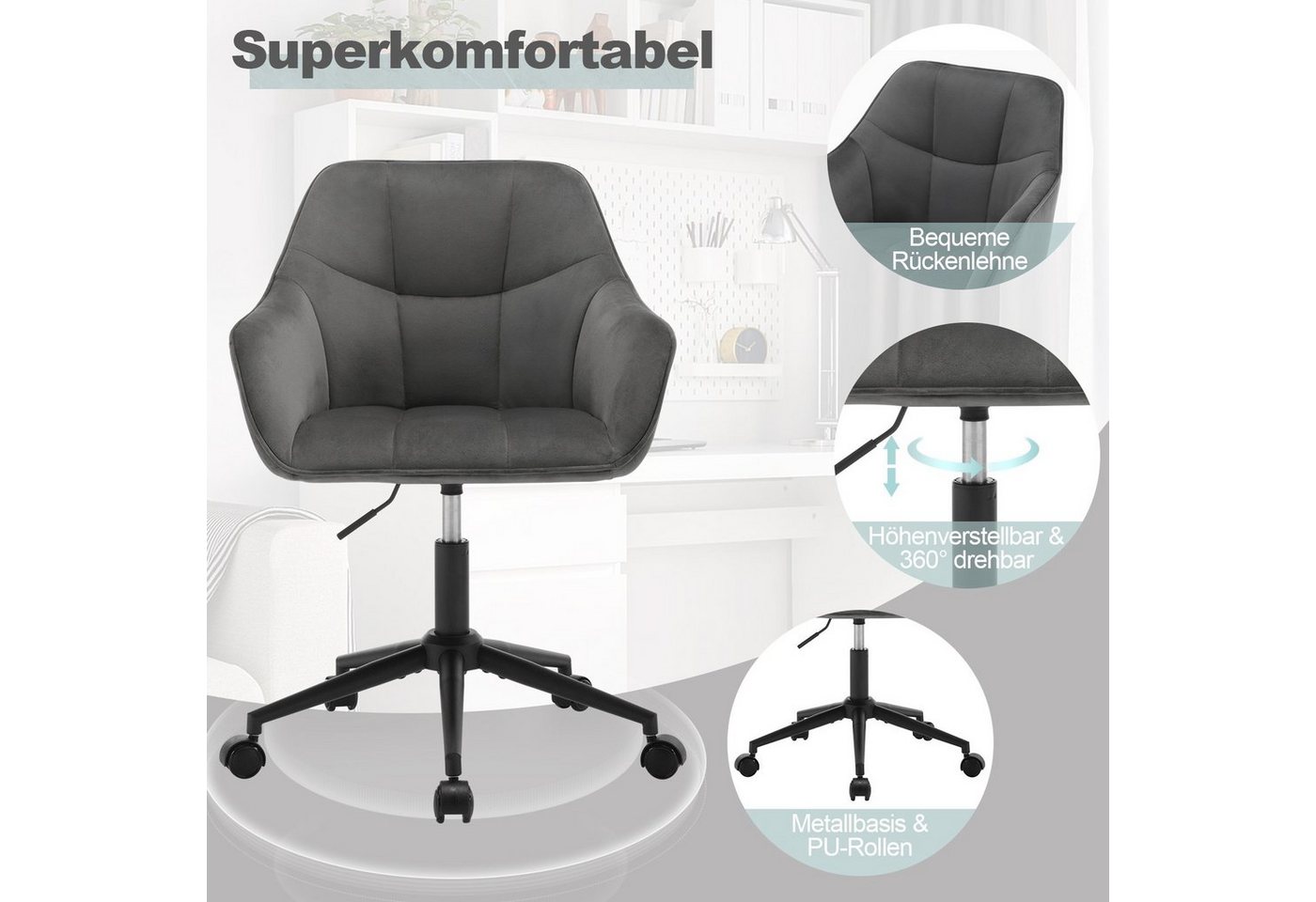 Woltu Bürostuhl (1 St), Homeoffice Stuhl, höhenverstellbar, Samtsitz – Bild 5 von 5